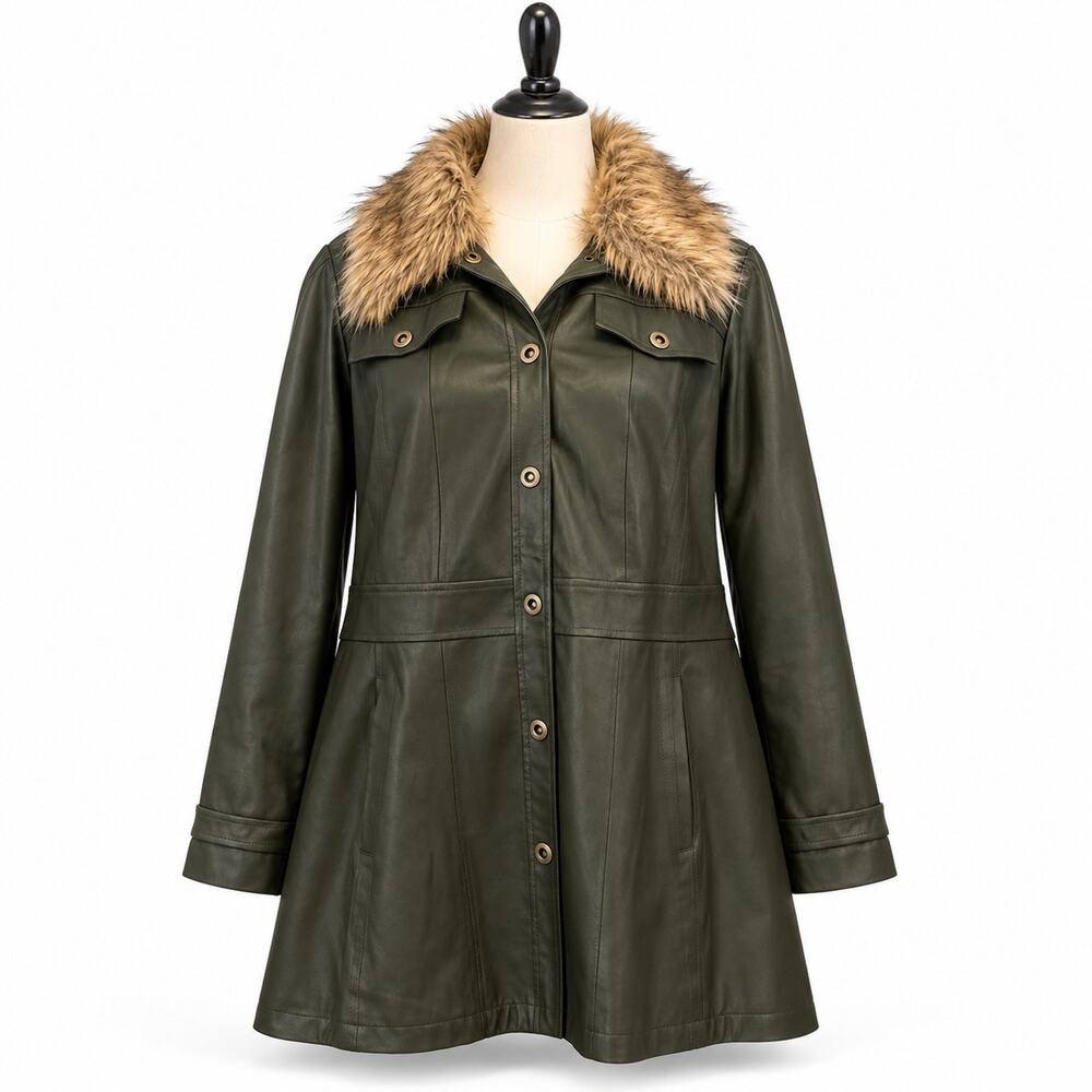 Anthropologie Maeve Kellie Faux Leather Coat Olive Removable Faux Fur Collar 20W